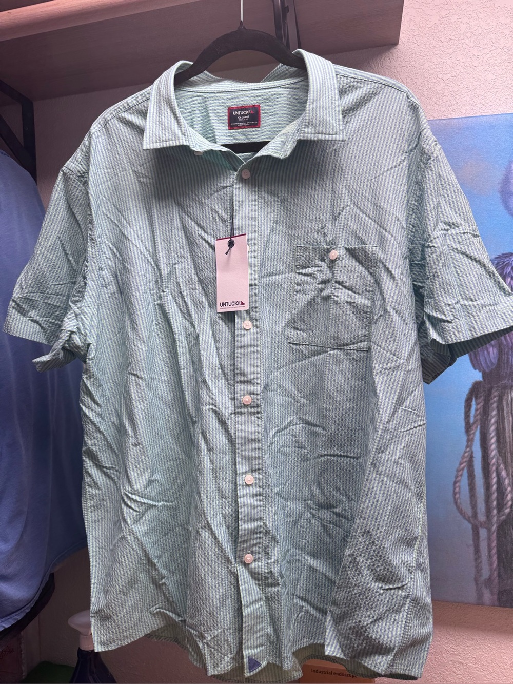 UNTUCKit Men's Short Sleeve Button-Down Shirt in Light Green Stripe